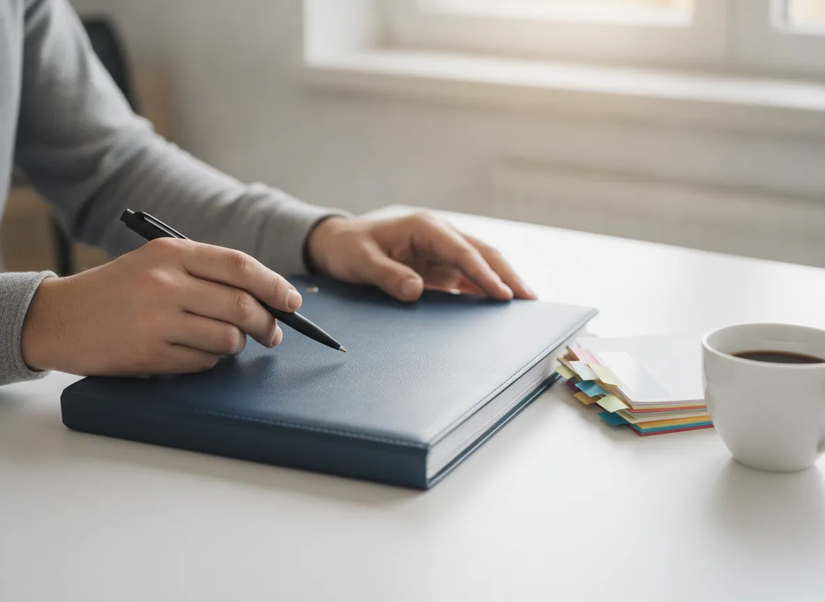 Hands holding folder and pen while searching company registration records