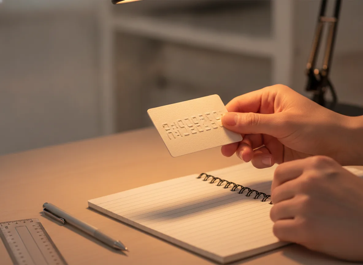Hands examining an embossed identifier card illustrating Cyprus VAT number format