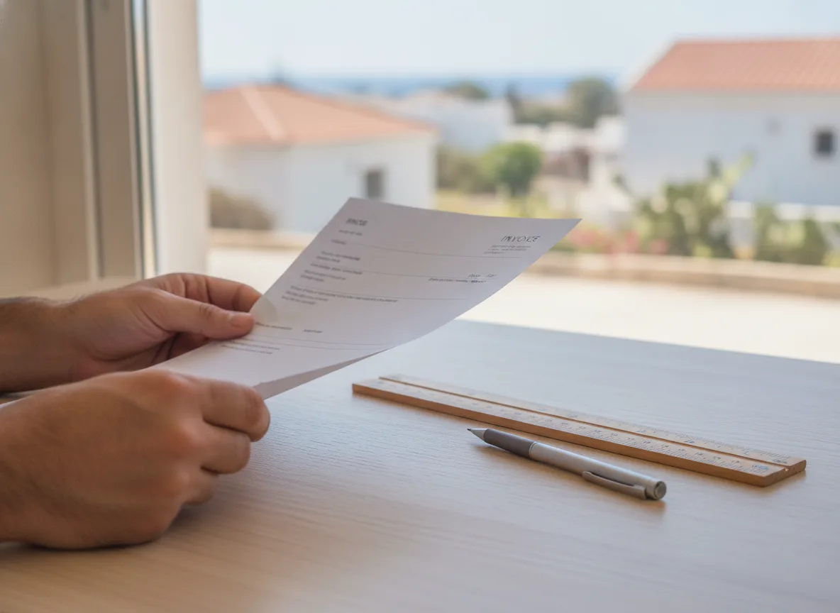 Hands checking invoice format on a clean office desk