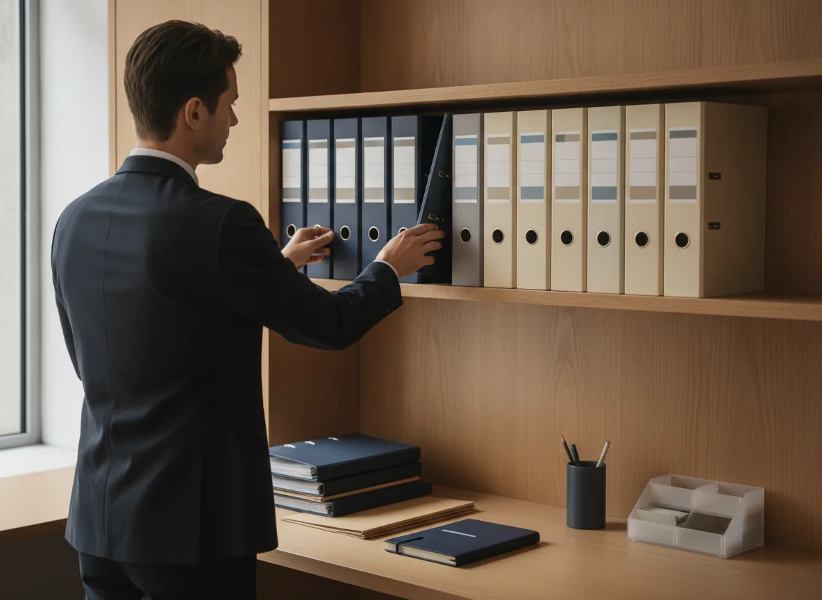 Accountant organizing client binders in a structured bulk VAT verification workflow
