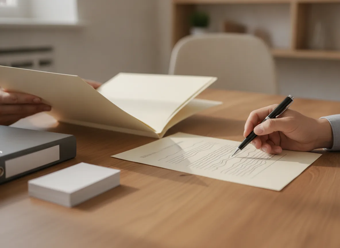 Hands reviewing paper documents and business records at an office desk