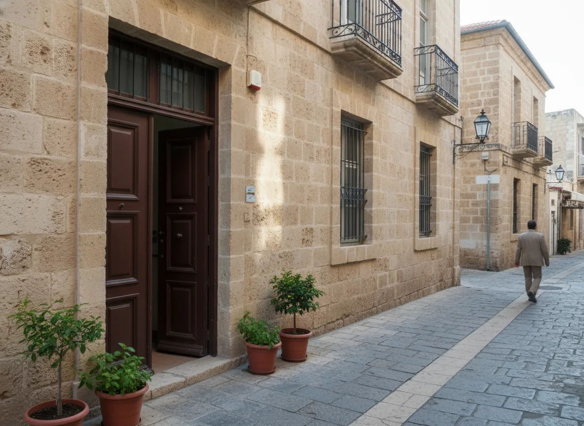 Limestone office building exterior in a Cyprus town on a sunny morning