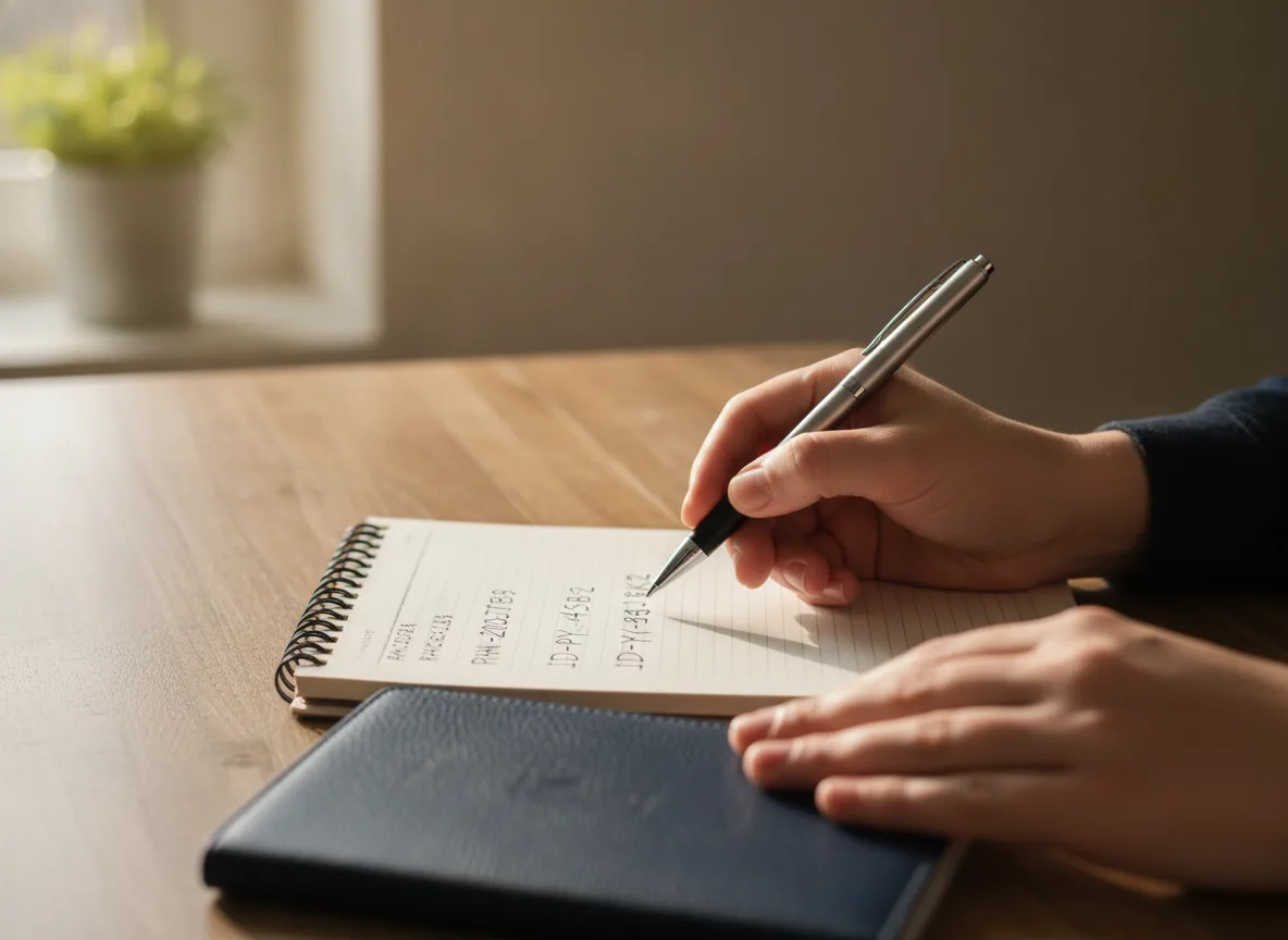 Hands writing a structured VAT number format reference in a notebook