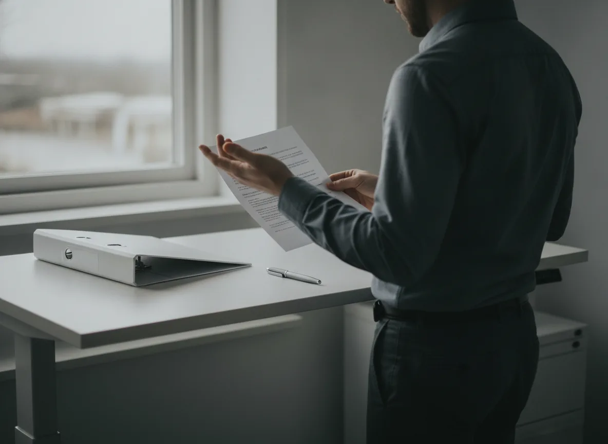 Office professional reviewing an invalid VAT number result with printed documents