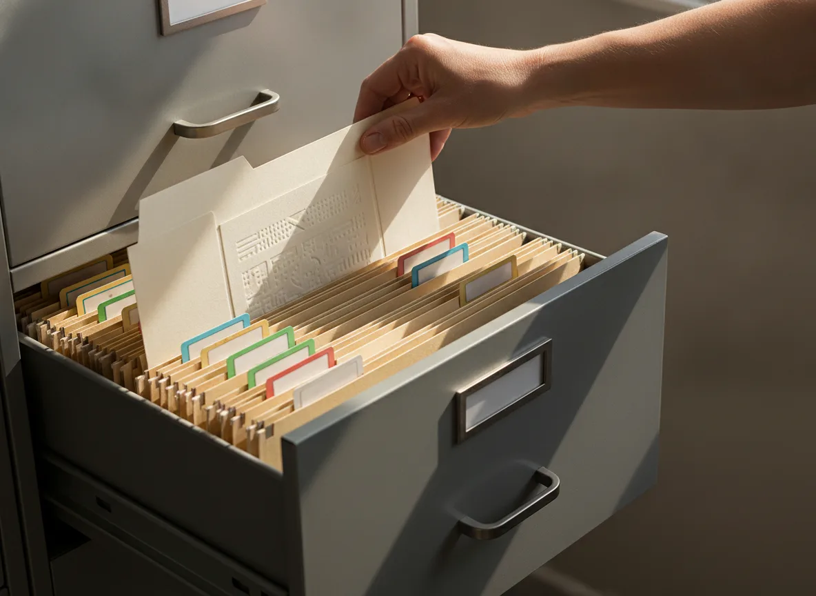 Filing cabinet drawer open showing organised folders and labelled tabs